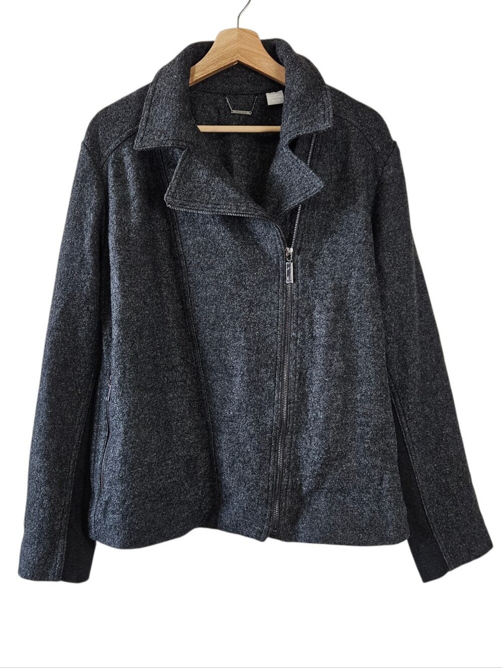 Chicos Gray Boiled Wool Zip Up Jacket Size XXL